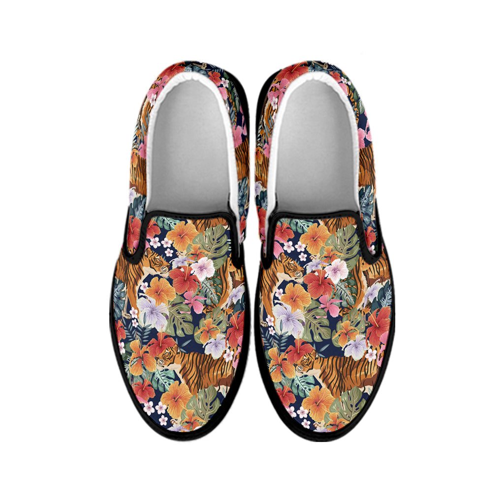 Flower And Tiger Pattern Print Black Slip On Shoes