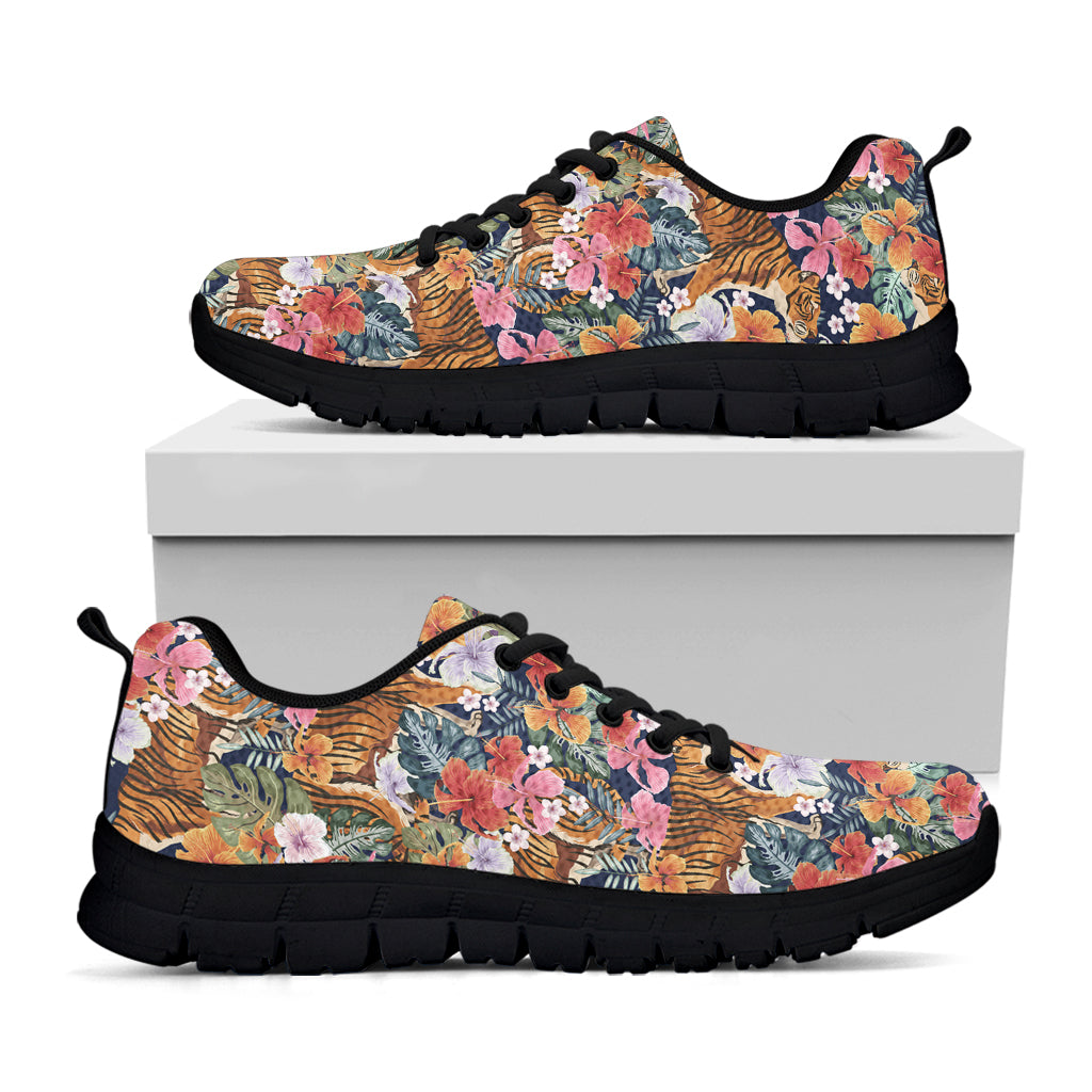 Flower And Tiger Pattern Print Black Sneakers