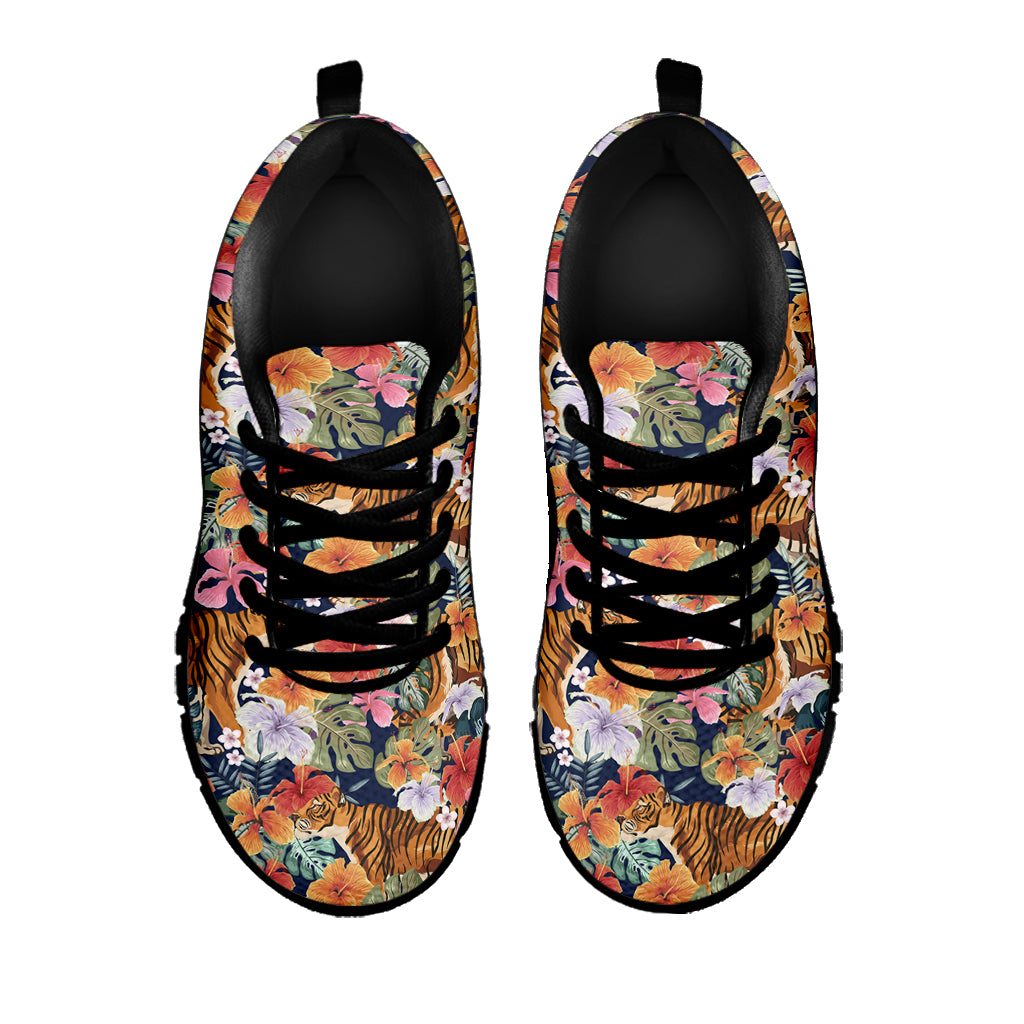 Flower And Tiger Pattern Print Black Sneakers
