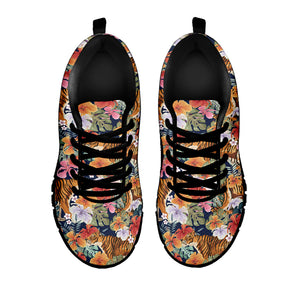 Flower And Tiger Pattern Print Black Sneakers
