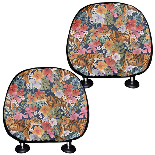 Flower And Tiger Pattern Print Car Headrest Covers