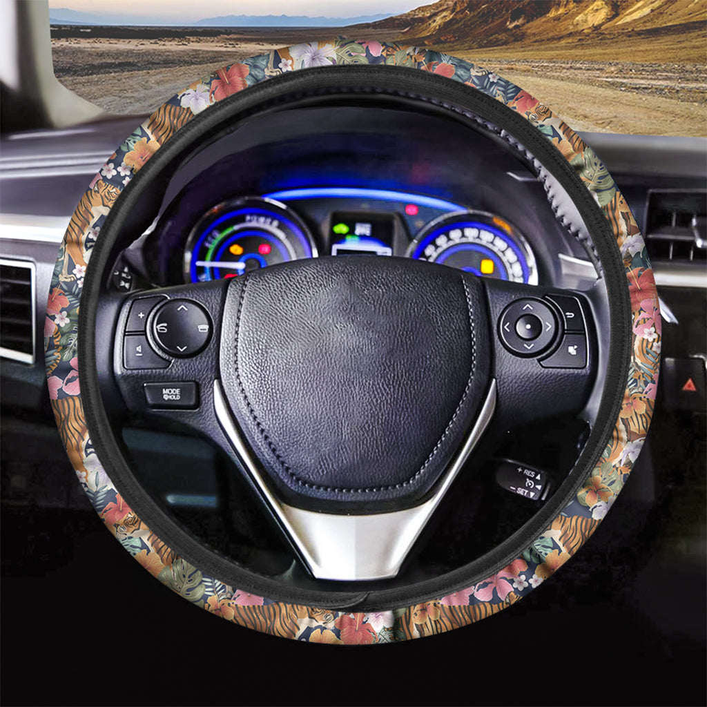 Flower And Tiger Pattern Print Car Steering Wheel Cover
