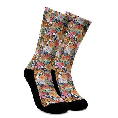 Flower And Tiger Pattern Print Crew Socks