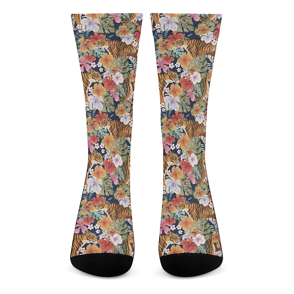 Flower And Tiger Pattern Print Crew Socks