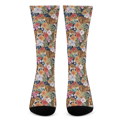 Flower And Tiger Pattern Print Crew Socks