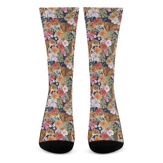 Flower And Tiger Pattern Print Crew Socks