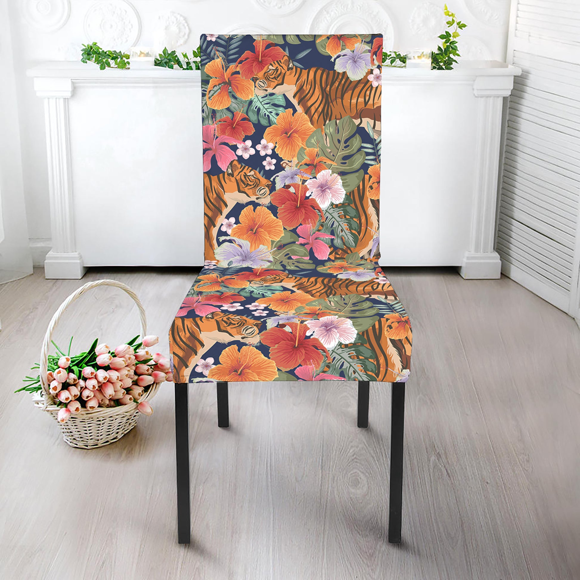 Flower And Tiger Pattern Print Dining Chair Slipcover
