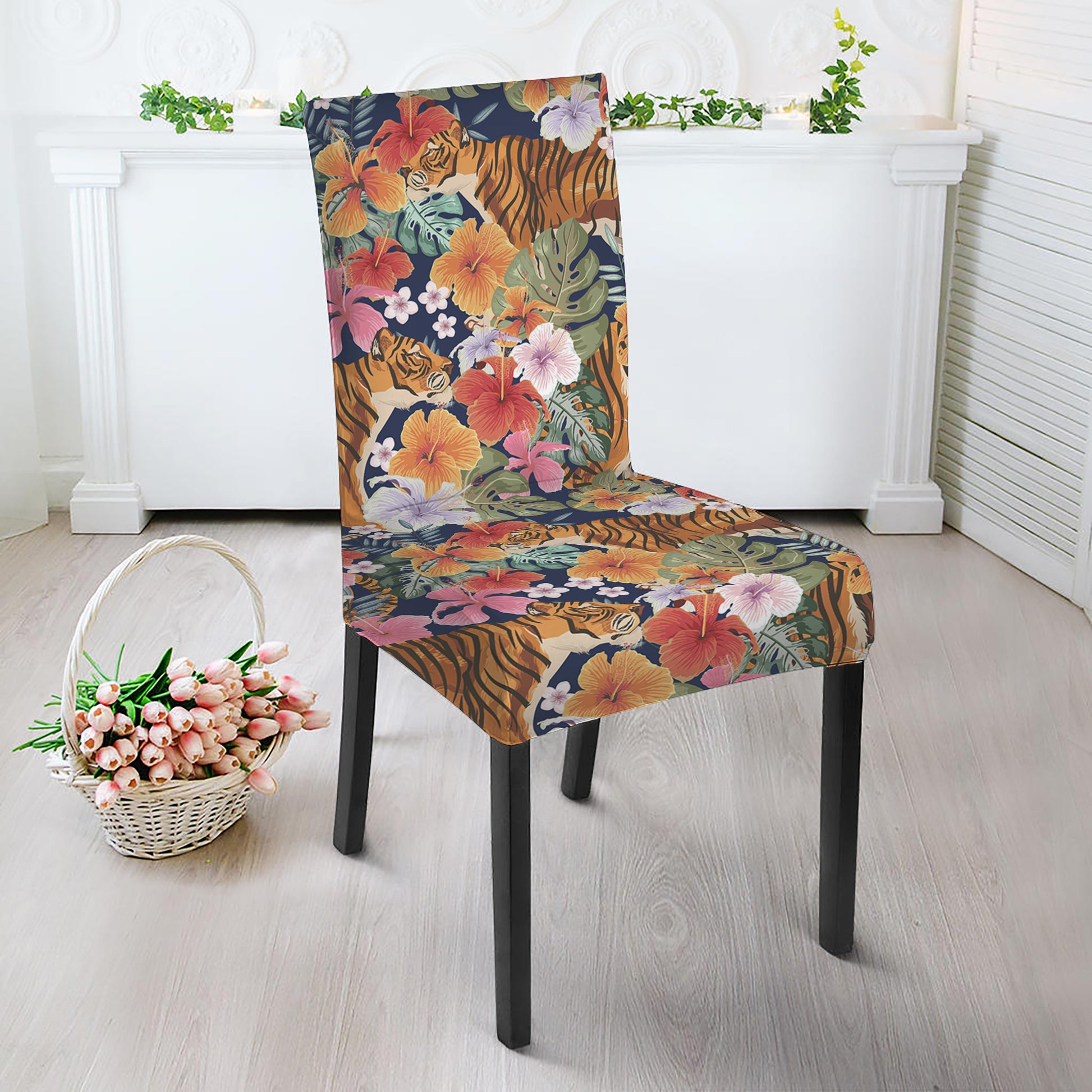 Flower And Tiger Pattern Print Dining Chair Slipcover