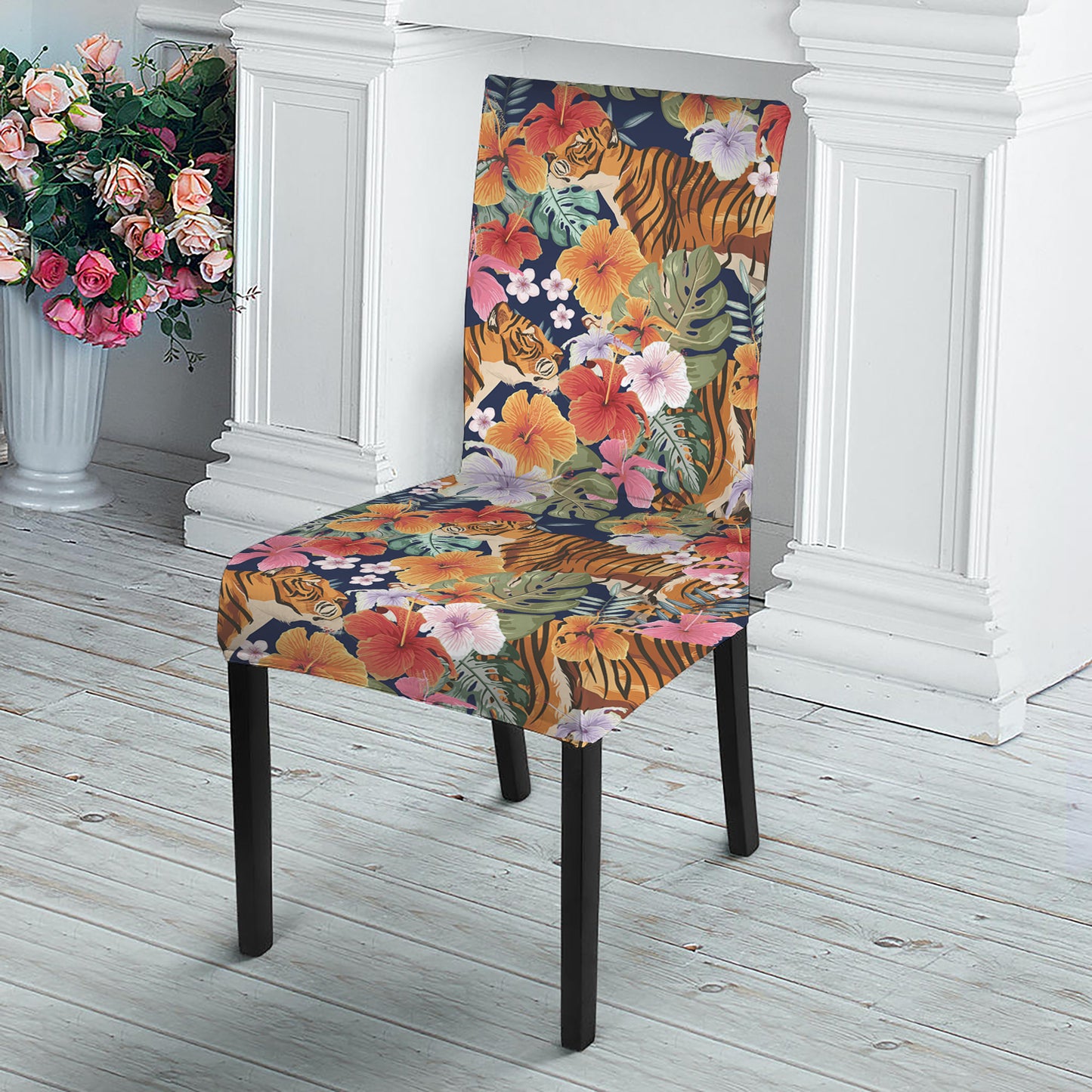Flower And Tiger Pattern Print Dining Chair Slipcover