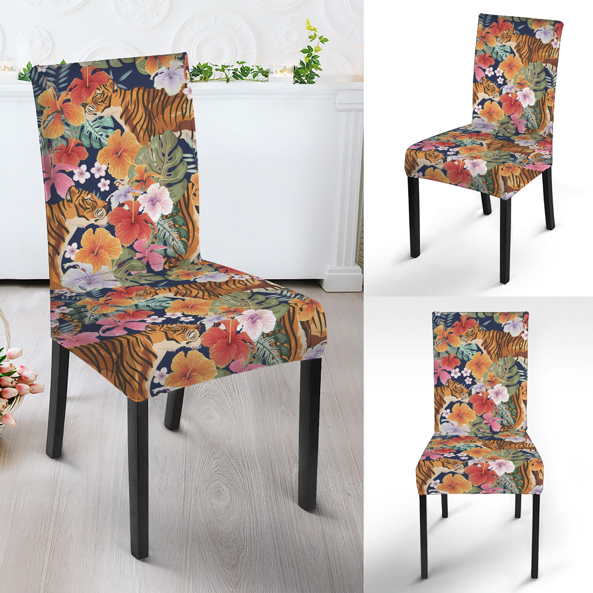 Flower And Tiger Pattern Print Dining Chair Slipcover