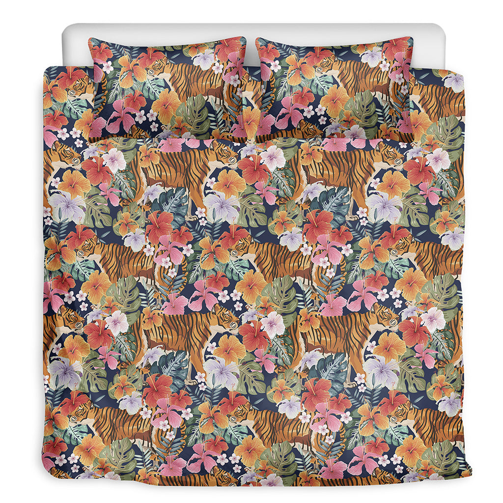 Flower And Tiger Pattern Print Duvet Cover Bedding Set