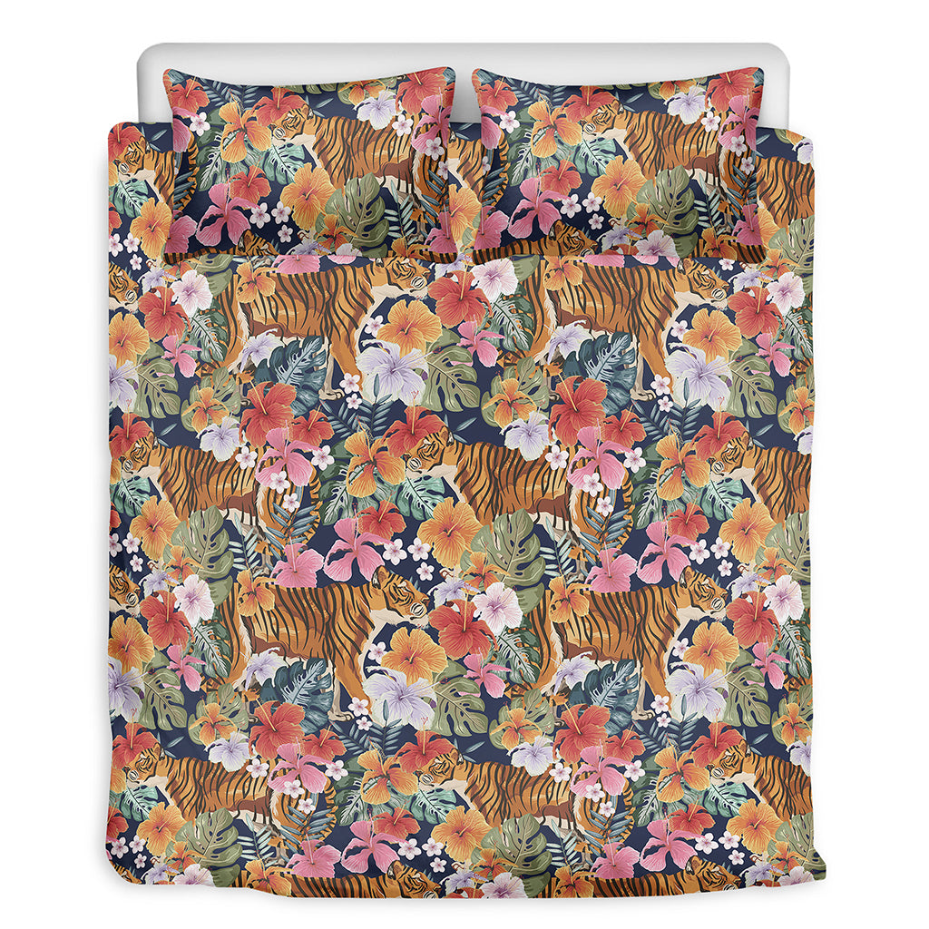 Flower And Tiger Pattern Print Duvet Cover Bedding Set