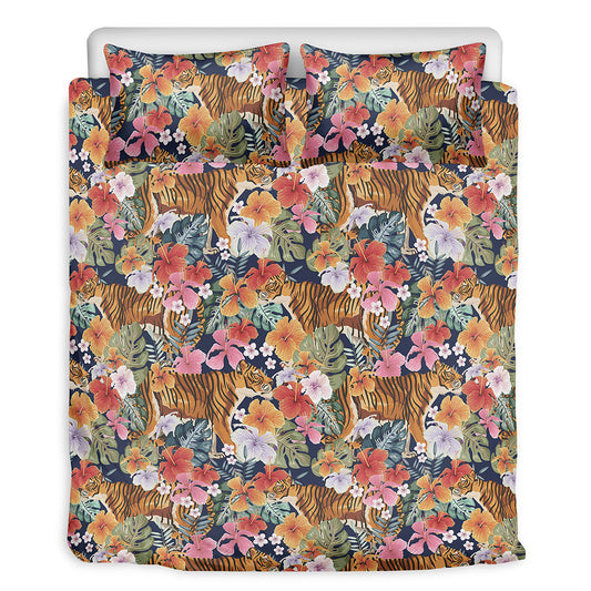 Flower And Tiger Pattern Print Duvet Cover Bedding Set