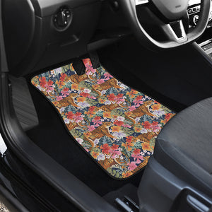 Flower And Tiger Pattern Print Front and Back Car Floor Mats