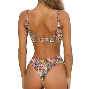 Flower And Tiger Pattern Print Front Bow Tie Bikini