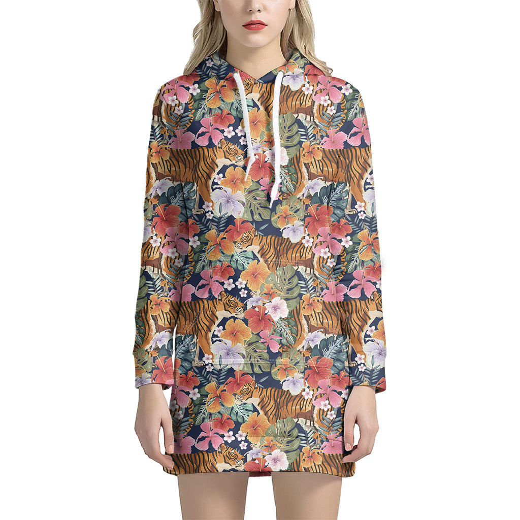 Flower And Tiger Pattern Print Hoodie Dress