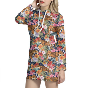 Flower And Tiger Pattern Print Hoodie Dress