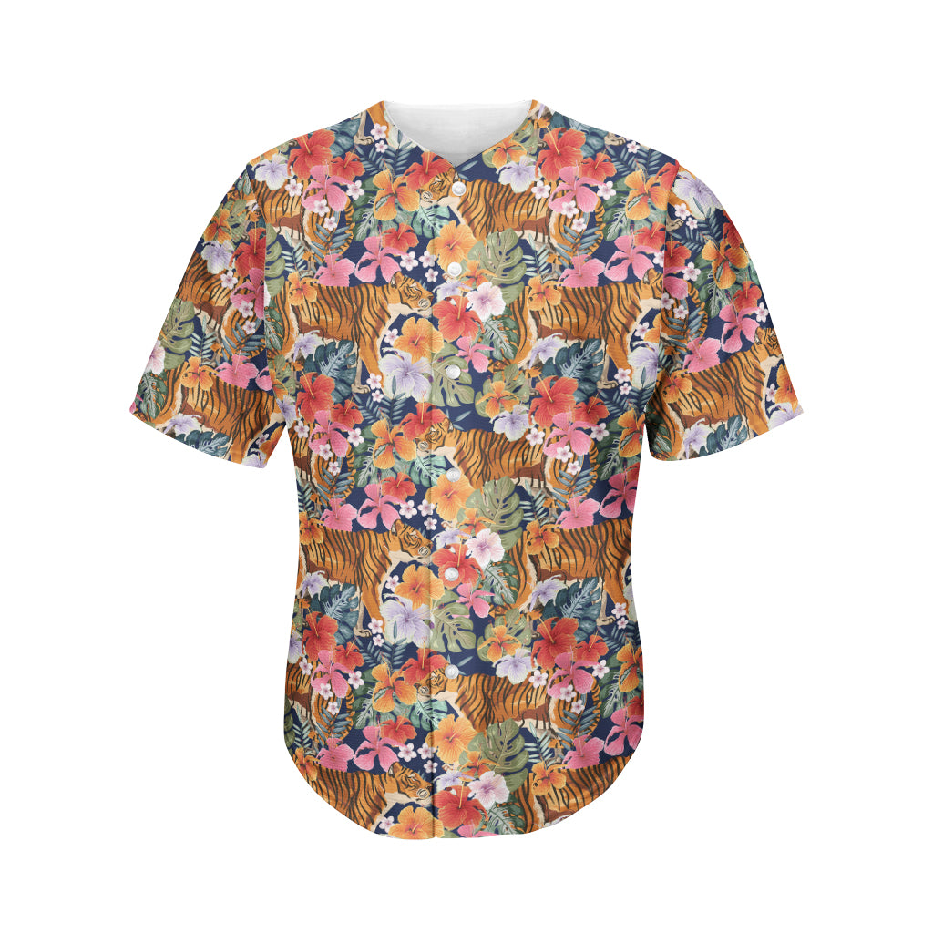 Flower And Tiger Pattern Print Men's Baseball Jersey