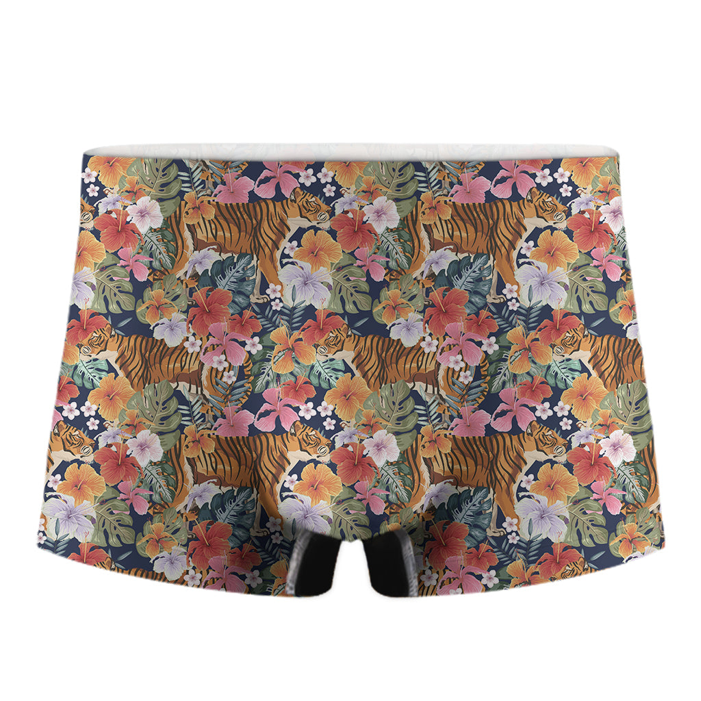 Flower And Tiger Pattern Print Men's Boxer Briefs