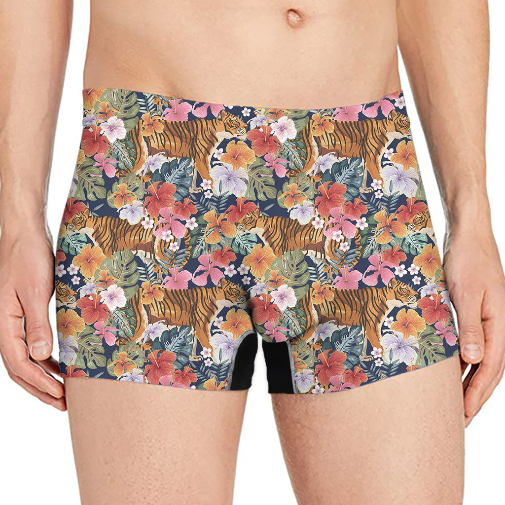 Flower And Tiger Pattern Print Men's Boxer Briefs