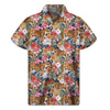 Flower And Tiger Pattern Print Men's Short Sleeve Shirt