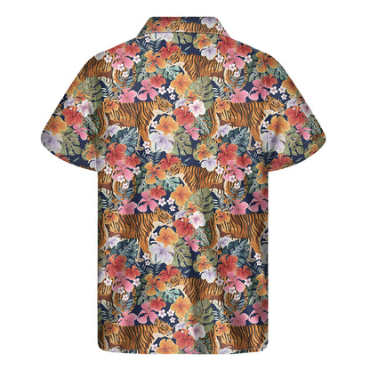 Flower And Tiger Pattern Print Men's Short Sleeve Shirt