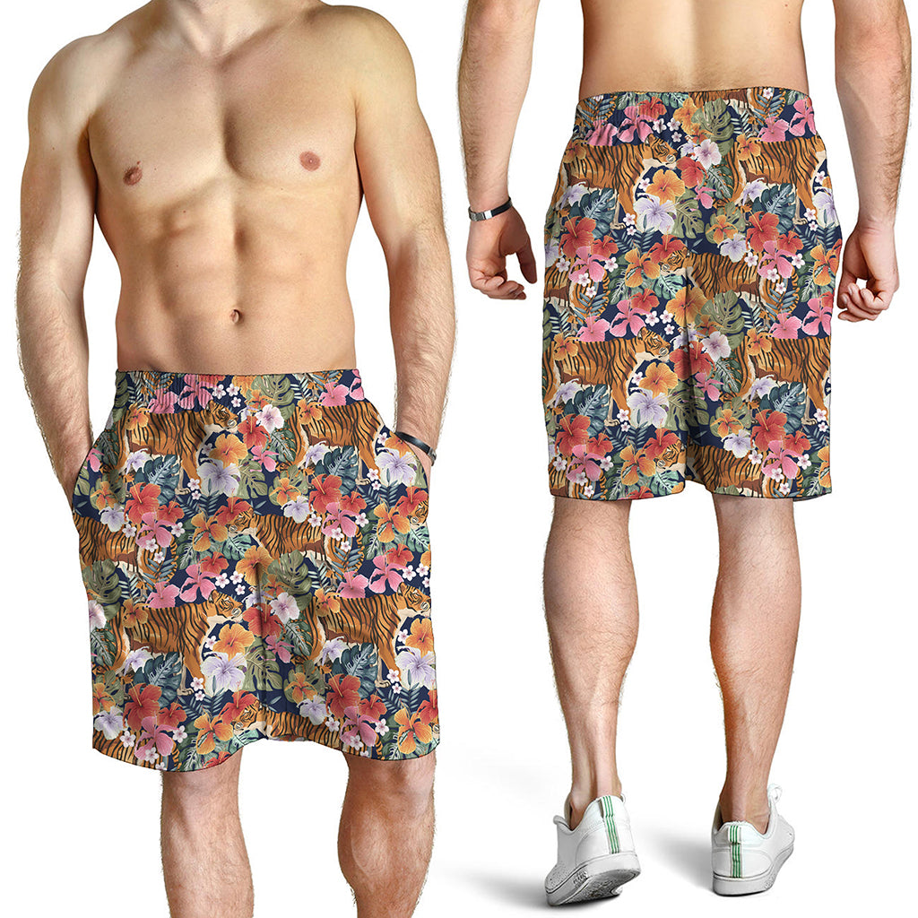 Flower And Tiger Pattern Print Men's Shorts