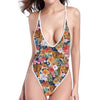 Flower And Tiger Pattern Print One Piece High Cut Swimsuit
