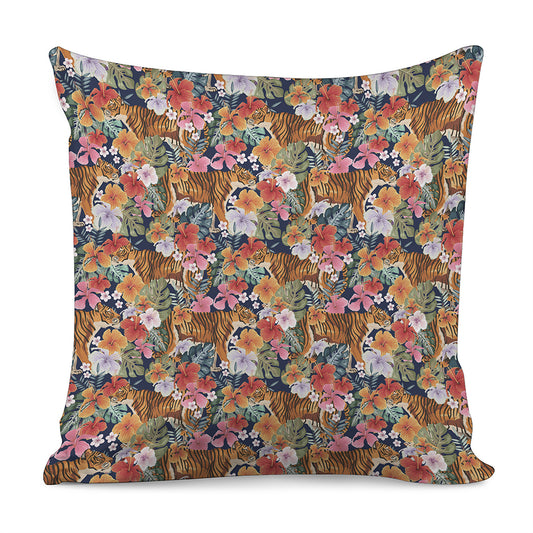 Flower And Tiger Pattern Print Pillow Cover