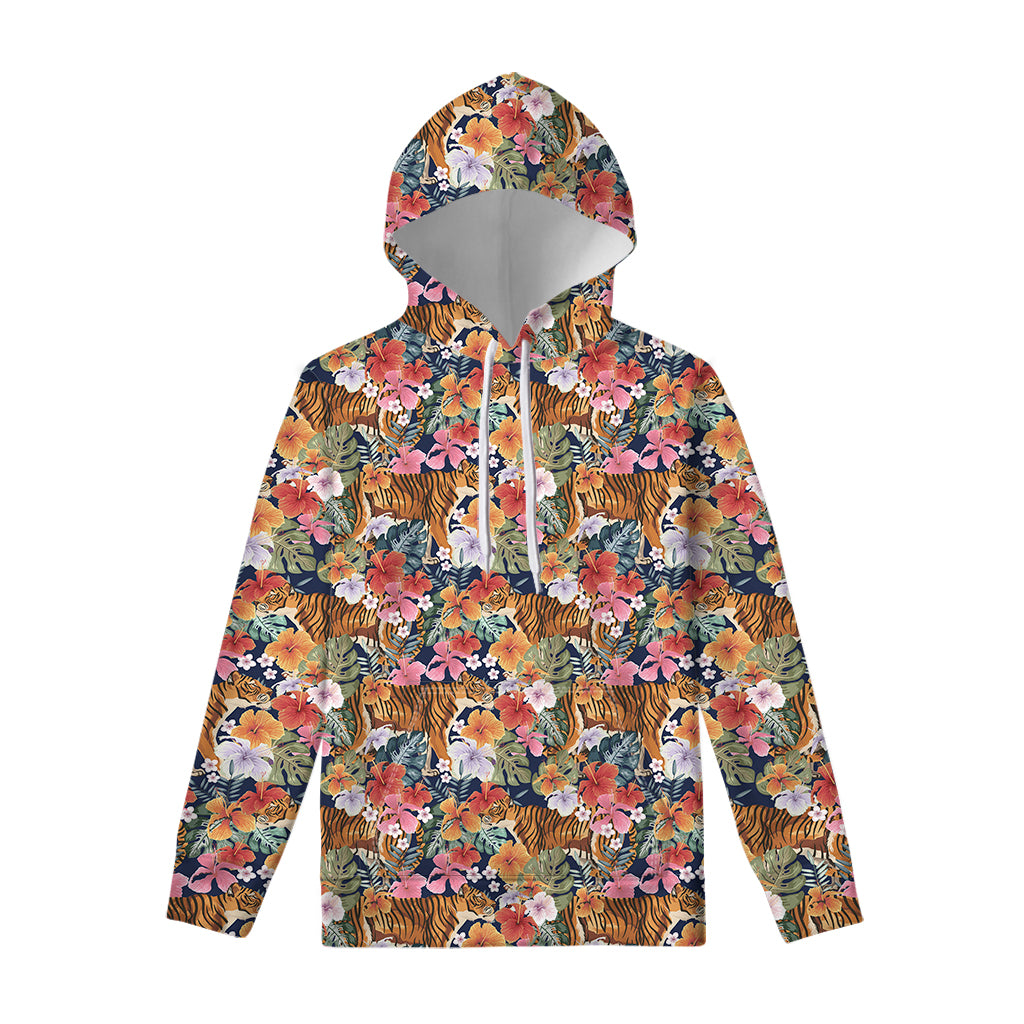 Flower And Tiger Pattern Print Pullover Hoodie