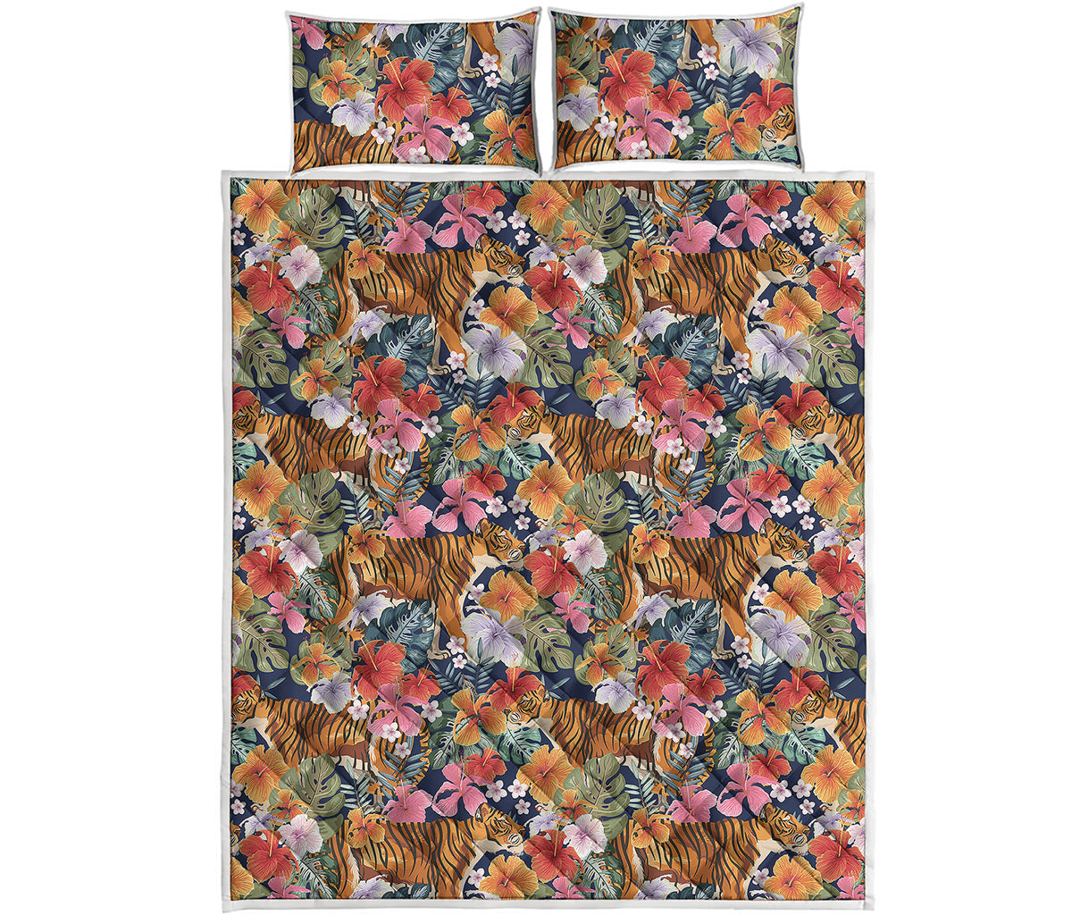 Flower And Tiger Pattern Print Quilt Bed Set