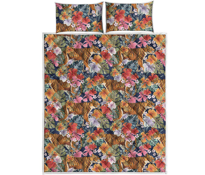 Flower And Tiger Pattern Print Quilt Bed Set