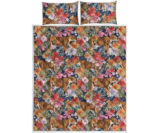 Flower And Tiger Pattern Print Quilt Bed Set