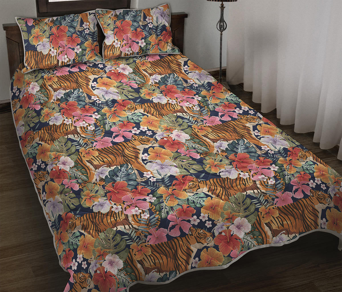 Flower And Tiger Pattern Print Quilt Bed Set