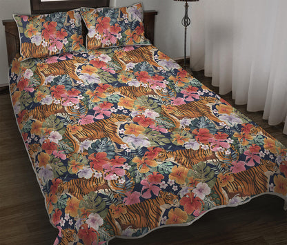 Flower And Tiger Pattern Print Quilt Bed Set