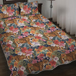 Flower And Tiger Pattern Print Quilt Bed Set