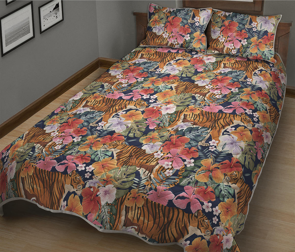 Flower And Tiger Pattern Print Quilt Bed Set
