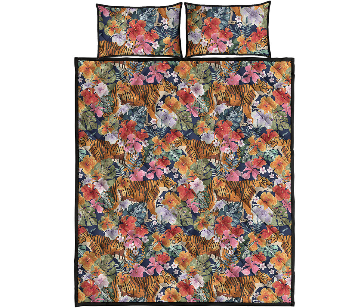 Flower And Tiger Pattern Print Quilt Bed Set