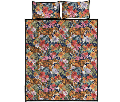Flower And Tiger Pattern Print Quilt Bed Set