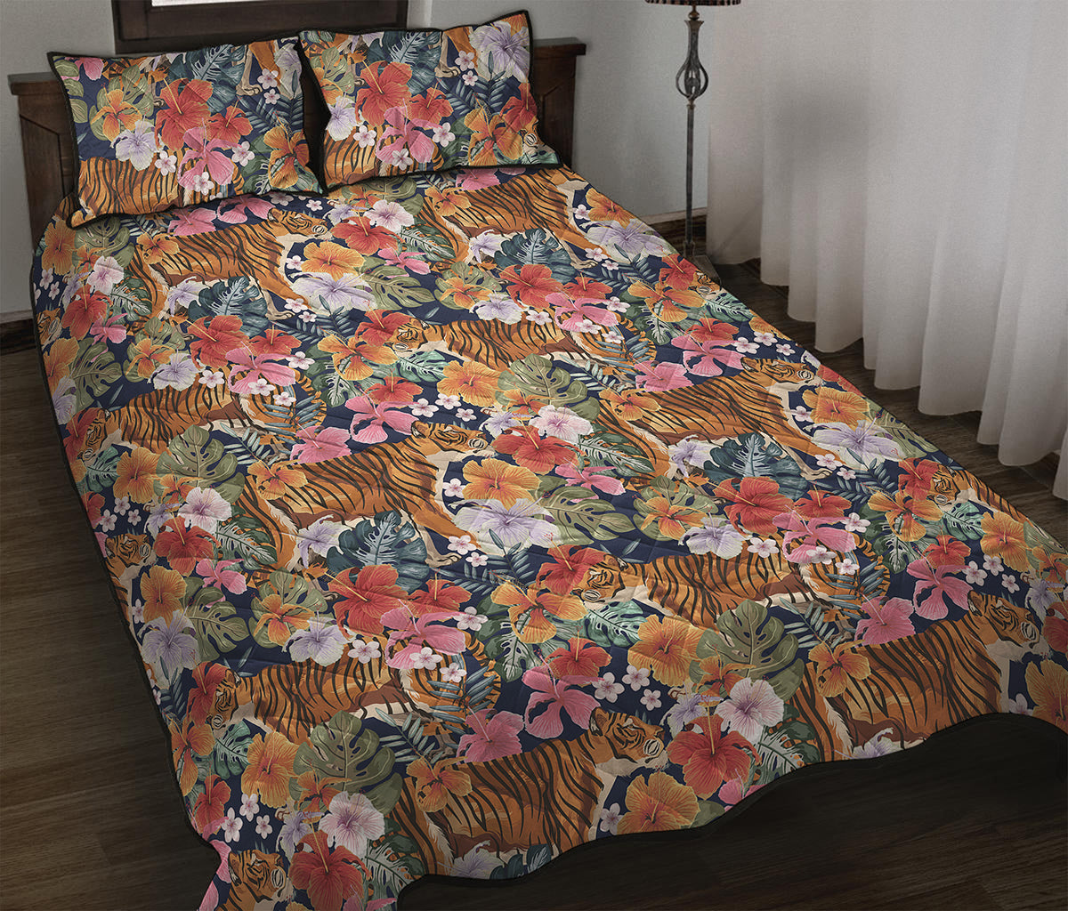 Flower And Tiger Pattern Print Quilt Bed Set