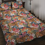 Flower And Tiger Pattern Print Quilt Bed Set