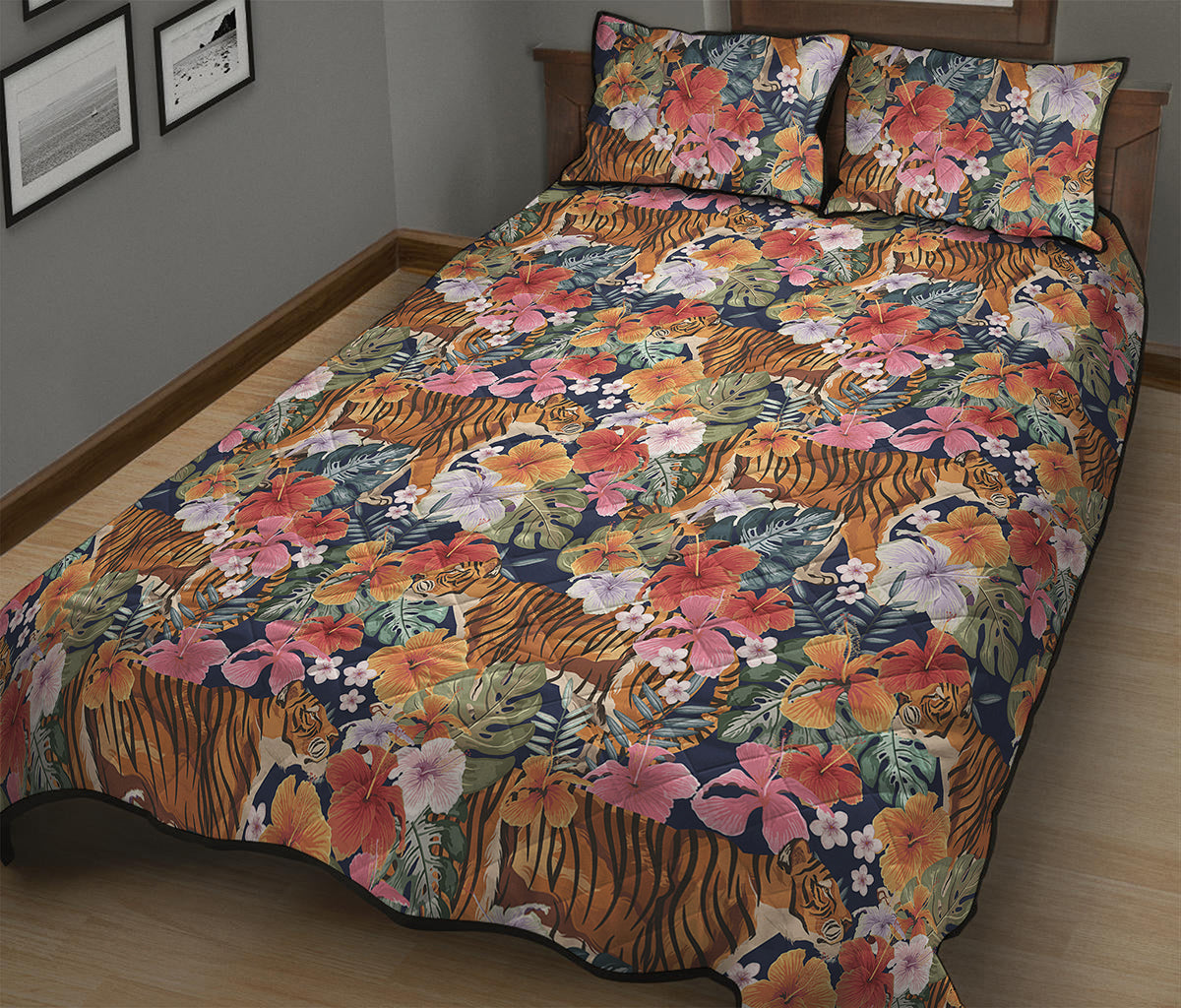 Flower And Tiger Pattern Print Quilt Bed Set