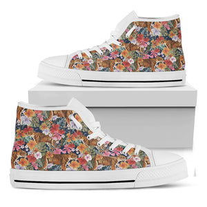 Flower And Tiger Pattern Print White High Top Shoes