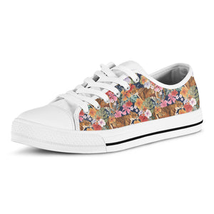 Flower And Tiger Pattern Print White Low Top Shoes