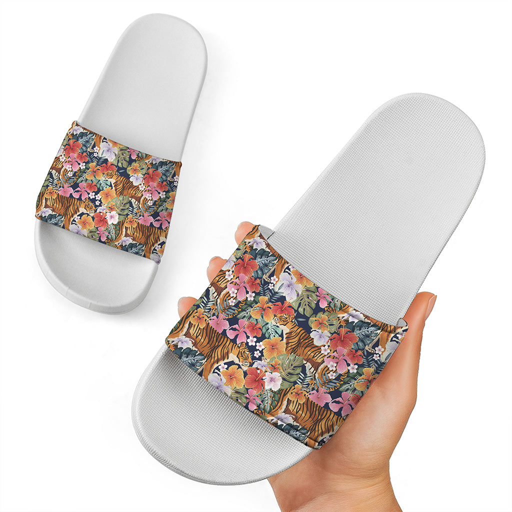Flower And Tiger Pattern Print White Slide Sandals