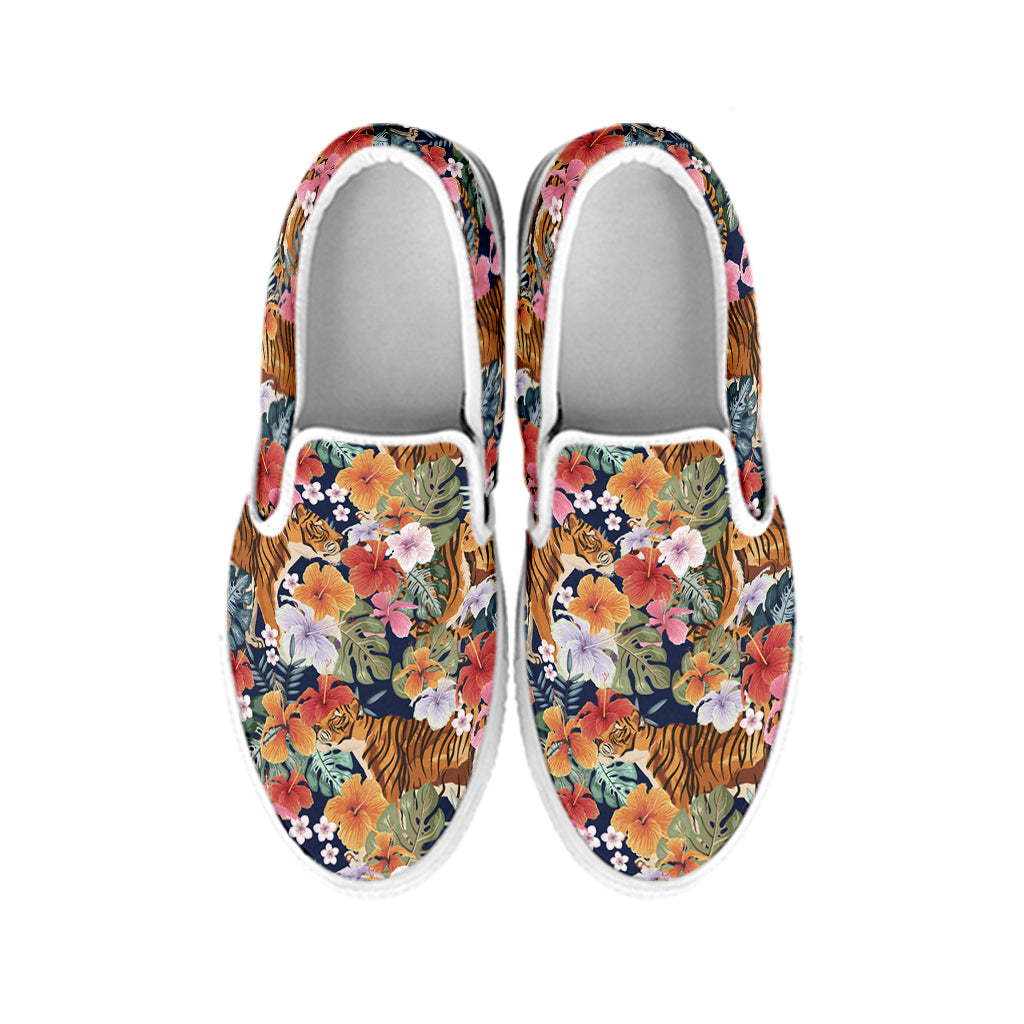 Flower And Tiger Pattern Print White Slip On Shoes