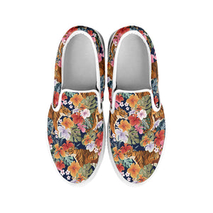 Flower And Tiger Pattern Print White Slip On Shoes