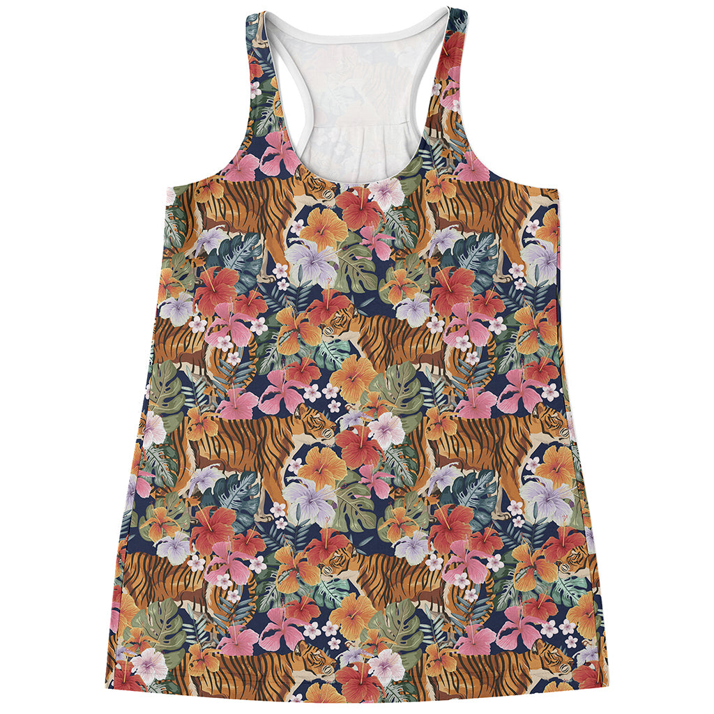 Flower And Tiger Pattern Print Women's Racerback Tank Top