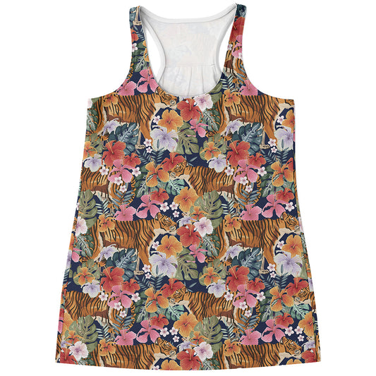 Flower And Tiger Pattern Print Women's Racerback Tank Top