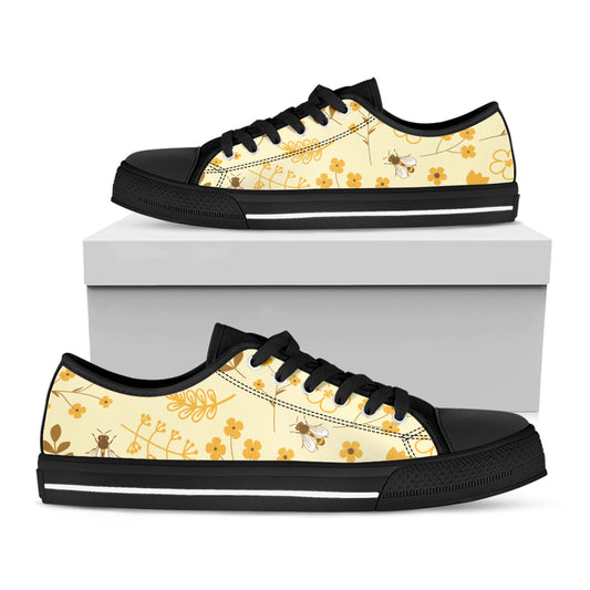 Flower Bee Pattern Print Black Low Top Shoes
